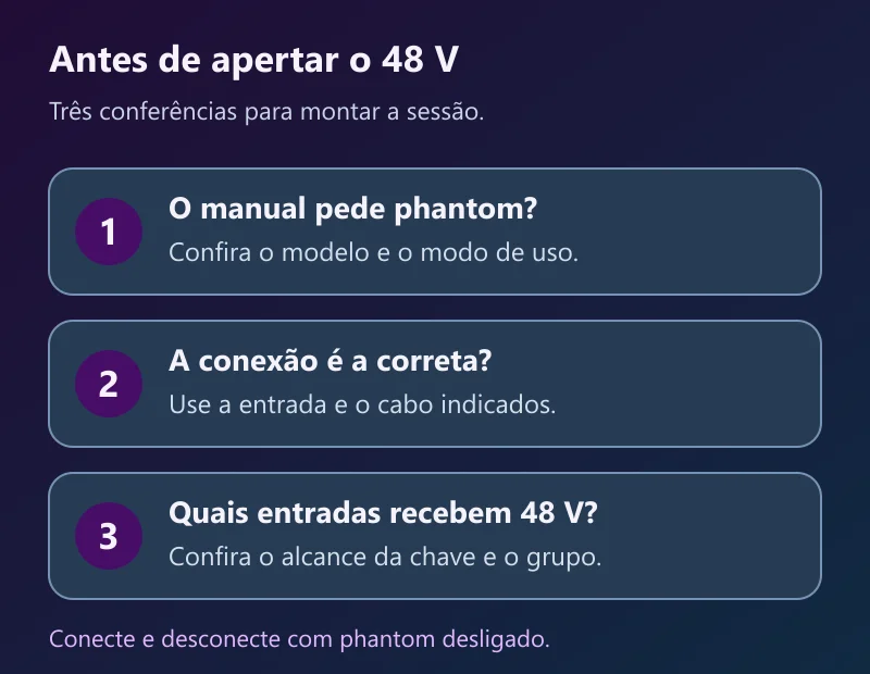 Três conferências antes de ligar 48 V: necessidade no manual, conexão correta e entradas alcançadas pela chave
